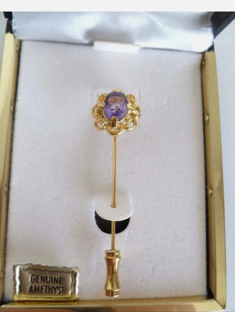Vintage Genuine Amethyst Purple Flower Gold Tone Metal Stick Pin Brooch 1950's